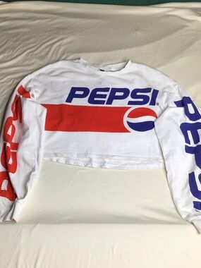 Pepsi White Cropped Sweatshirt with Red & Blue Logo